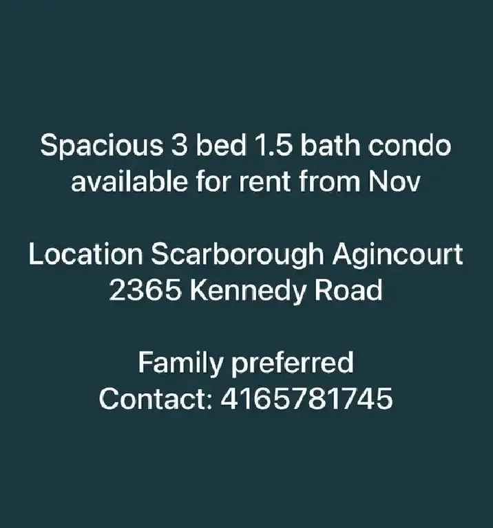 3 Bed 1.5 Bath Condo for Rent in Scarborough Agincourt